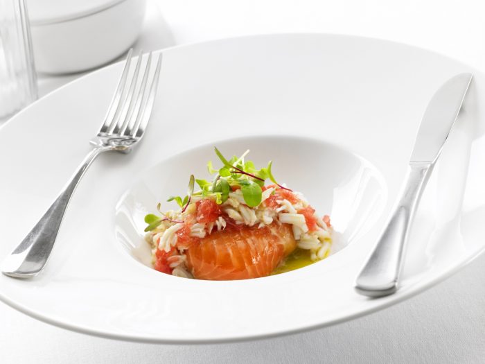 Salt and Wet Cured Pink Ocean Trout with Avocado and Crab Mousse.jpg