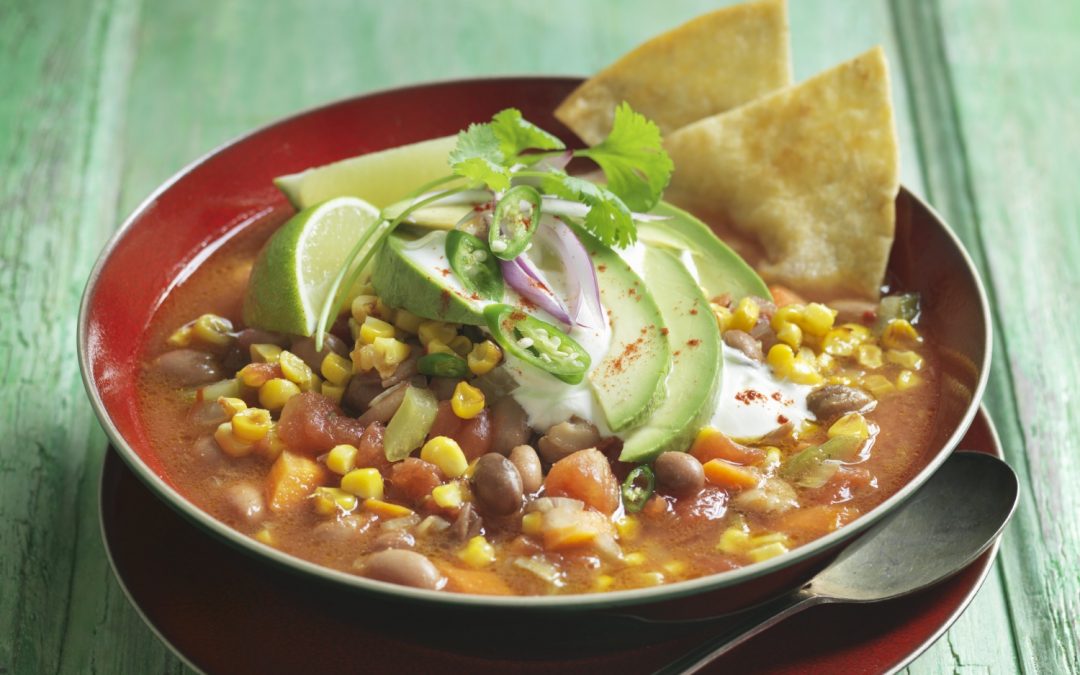 Bean soup with sweetcorn and avocado