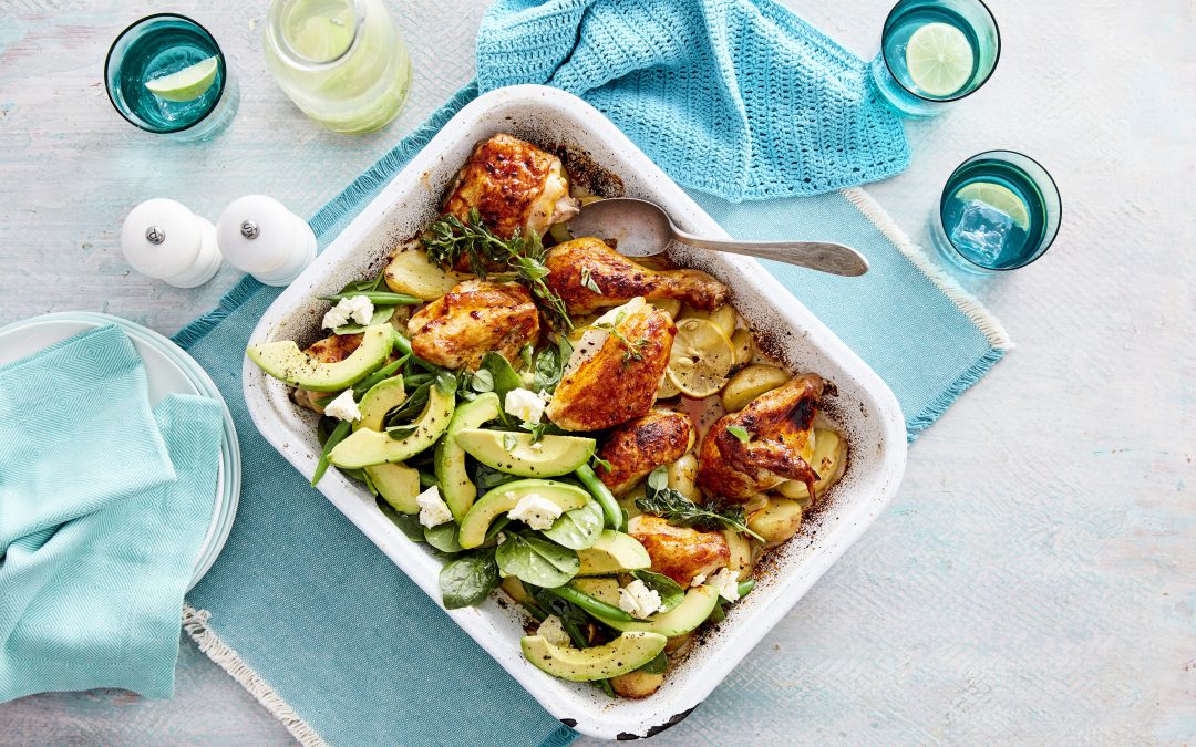 Chicken, Avocado and Crunchy potato tray bake