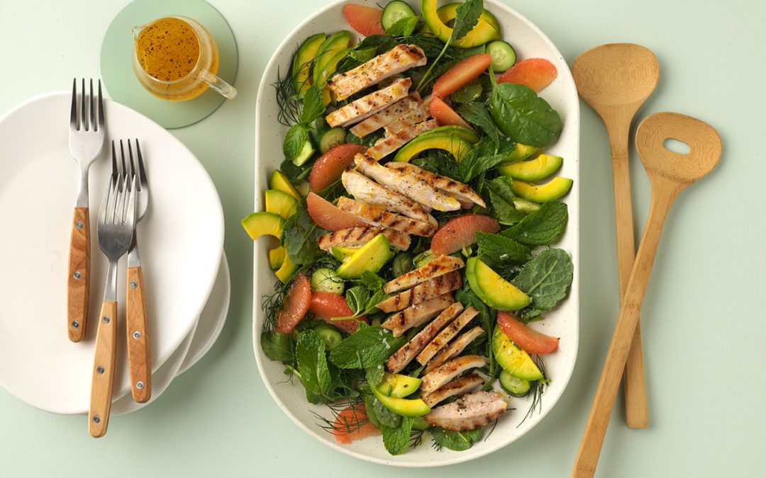 Avocado, Grilled Chicken and Pink Grapefruit Salad