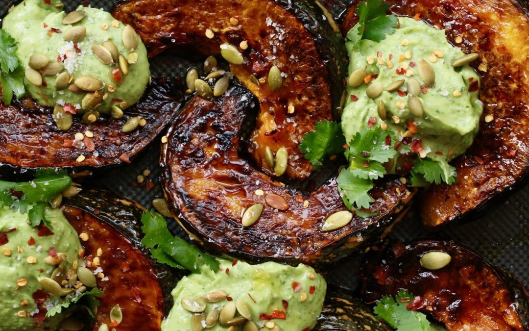 Thai-style Roasted Pumpkin Wedges with Avocado Dressing and Crunchy Seeds
