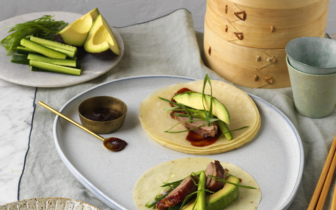 Crispy Roast Duck and Avocado Pancakes with Hoi Sin Dipping Sauce, Shallots and Cucumber