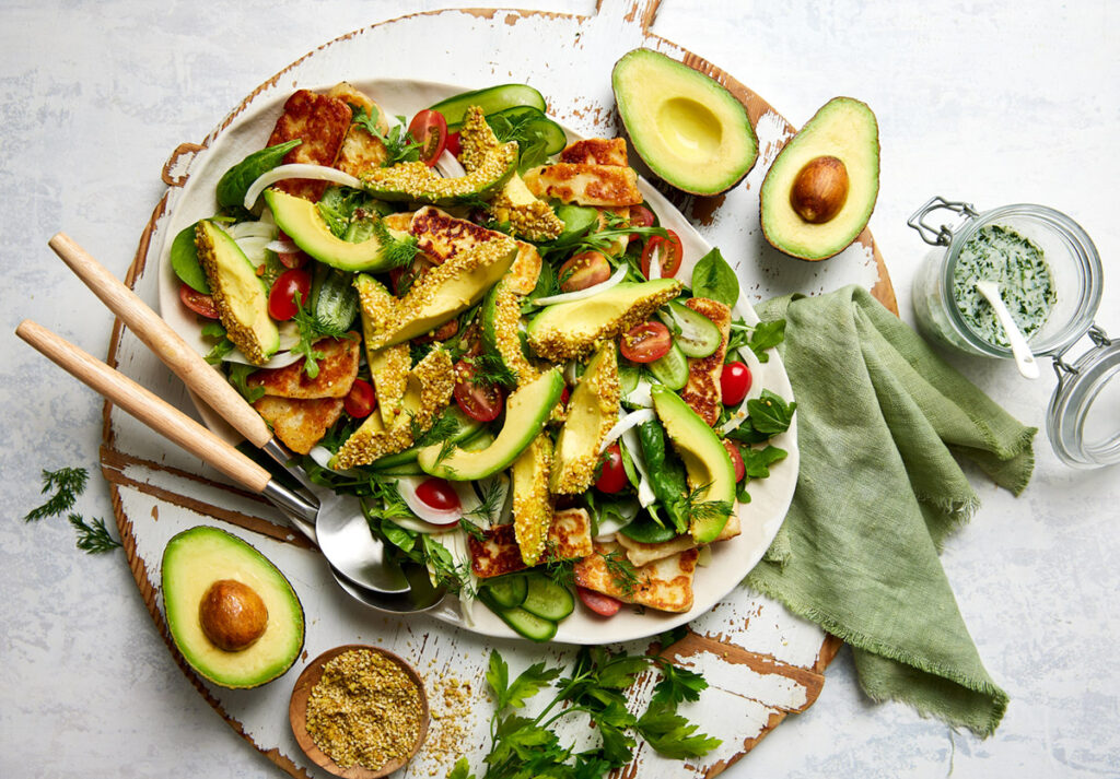 Grilled halloumi and dukkah crumbed avocado salad with a buttermilk ...