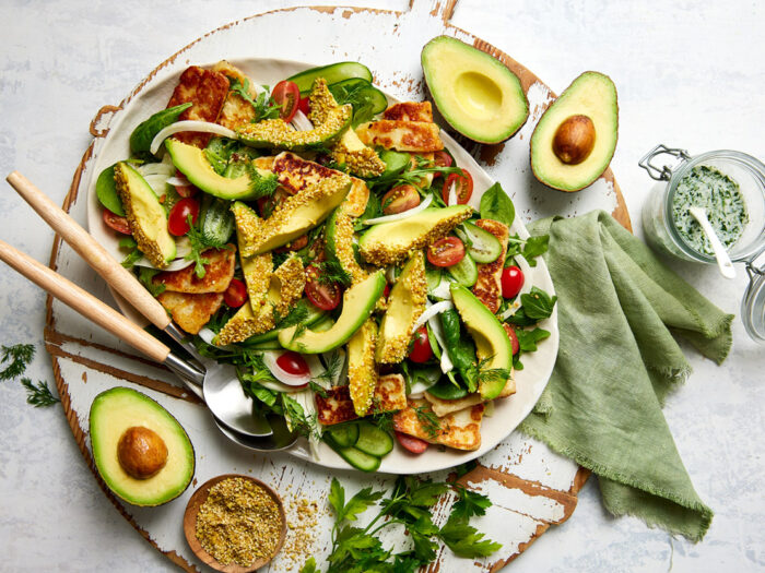 Grilled halloumi and dukkah crumbed avocado salad