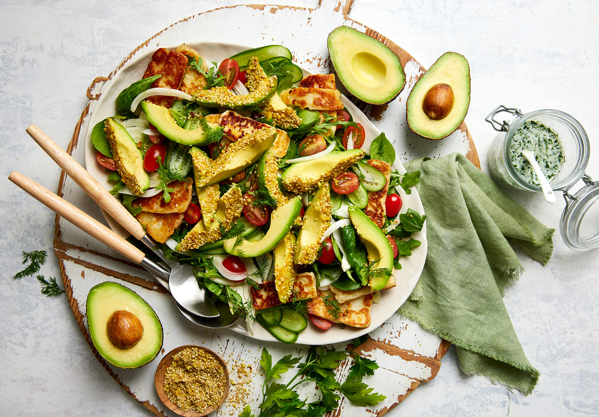 Grilled halloumi and dukkah crumbed avocado salad