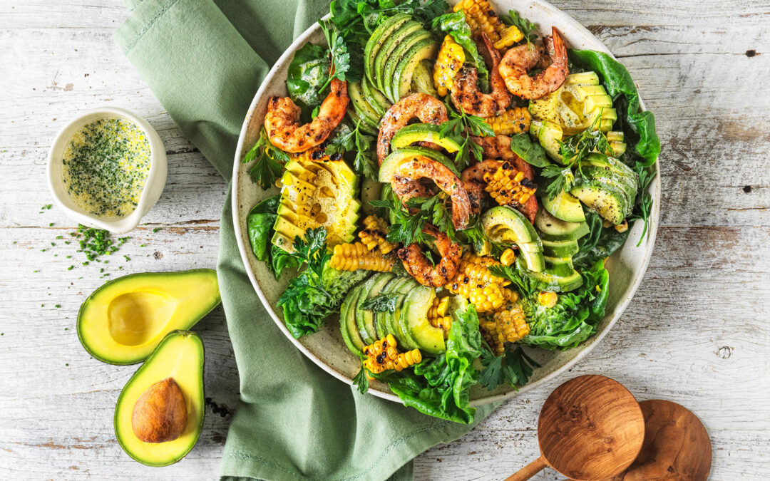 Avocado and smoky prawn salad with charred corn and buttermilk dressing