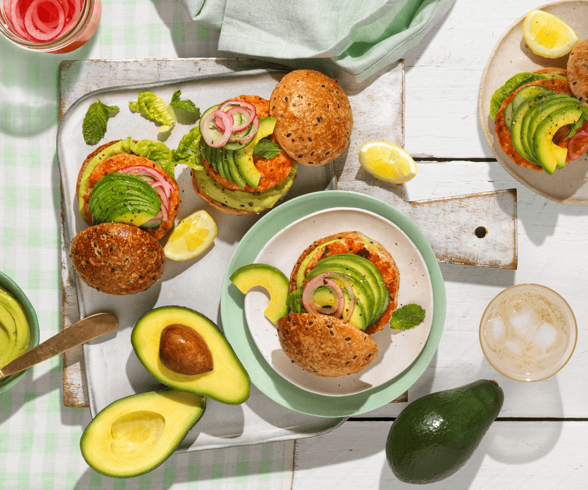 Salmon Burgers with Avocado with Quick Pickled Onion and Avocado Aioli