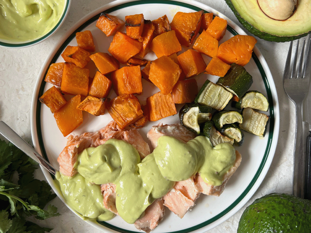 Creamy Avocado Dip served with Baked Salmon and Veggies Australian