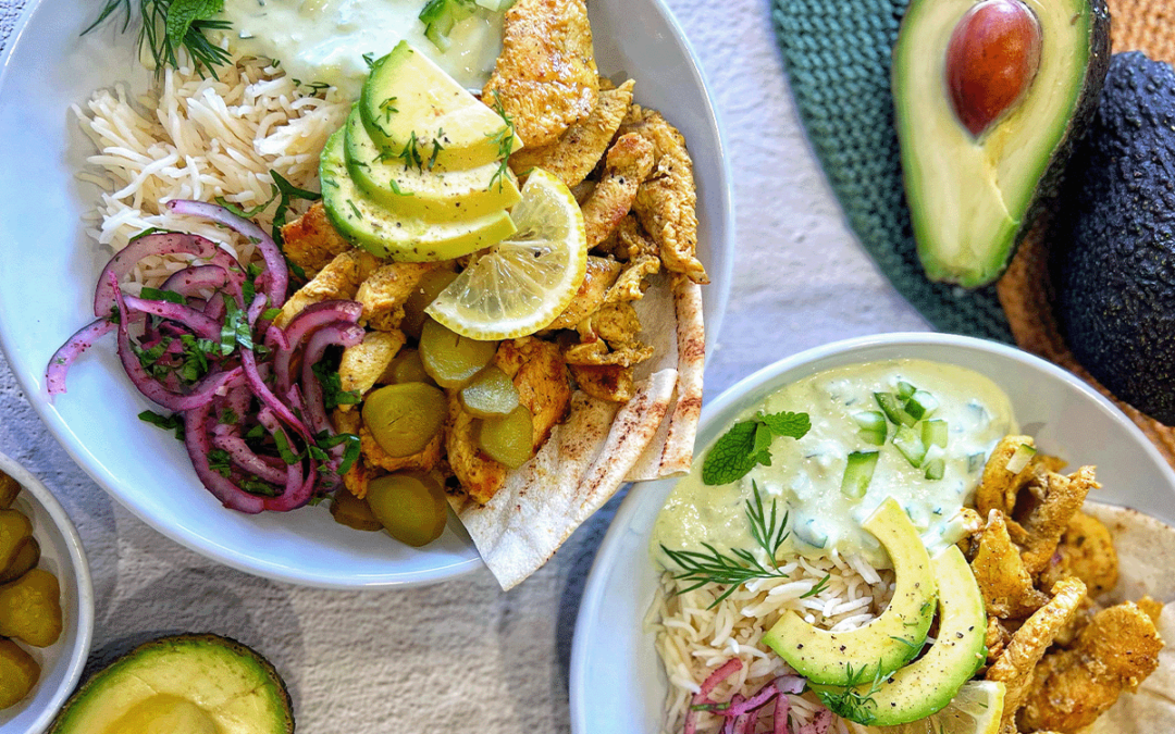 Chicken Shawarma Bowl with avocado tzatziki