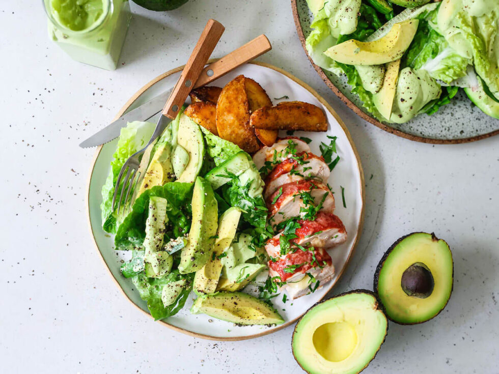 Chicken Parm With Avocado Cos Lettuce Salad - Australian Avocados