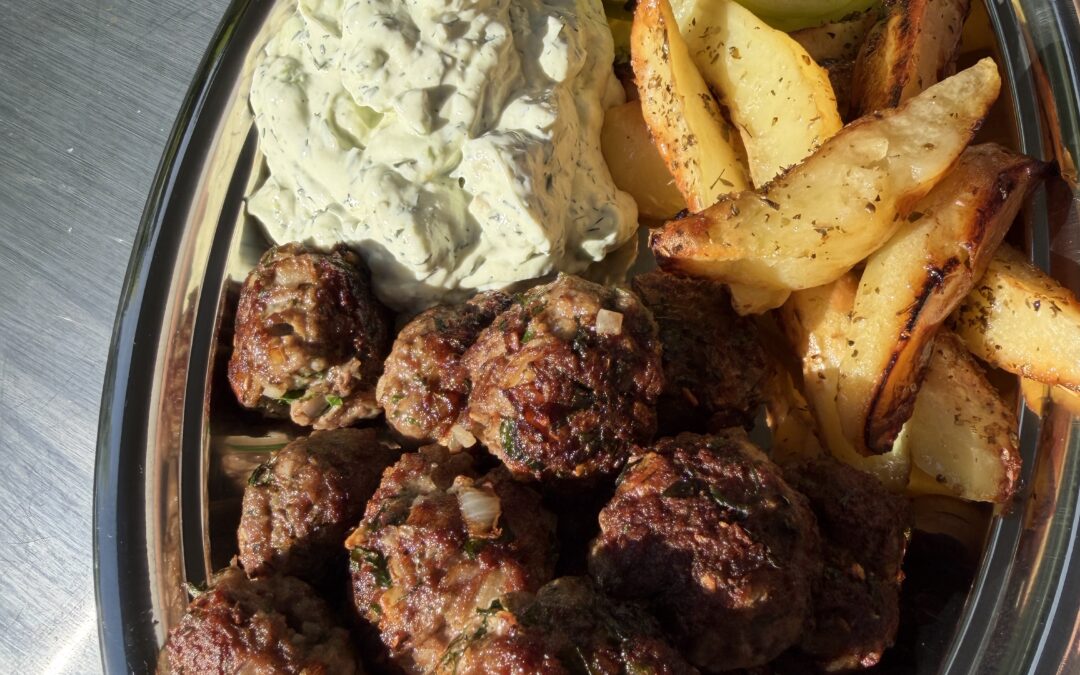 Lamb Keftedes with Avocado Tzatziki & Crispy Lemon Potatoes x Helena & Vikki