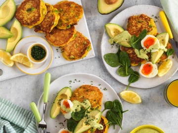 Avocado Fritters With Eggs And Avocado Hollandaise