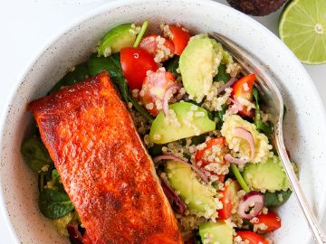 Grilled honey salmon with avocado salad