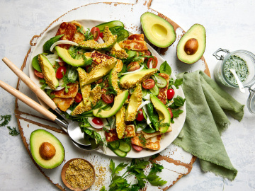 Grilled halloumi and dukkah crumbed avocado salad with a buttermilk dressing