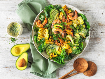 Avocado and smoky prawn salad with charred corn and buttermilk dressing